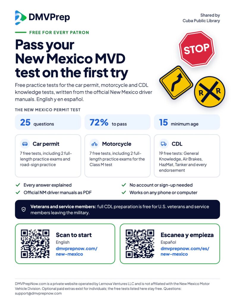 Informational flyer for DMVPrepNow – New Mexico MVD Practice Tests

Free practice tests for the New Mexico car permit, motorcycle and CDL knowledge tests, written from the official NM driver manuals. English and Spanish, no sign-up.

English: https://dmvprepnow.com/new-mexico/ 
Español: https://dmvprepnow.com/es/new-mexico/ 